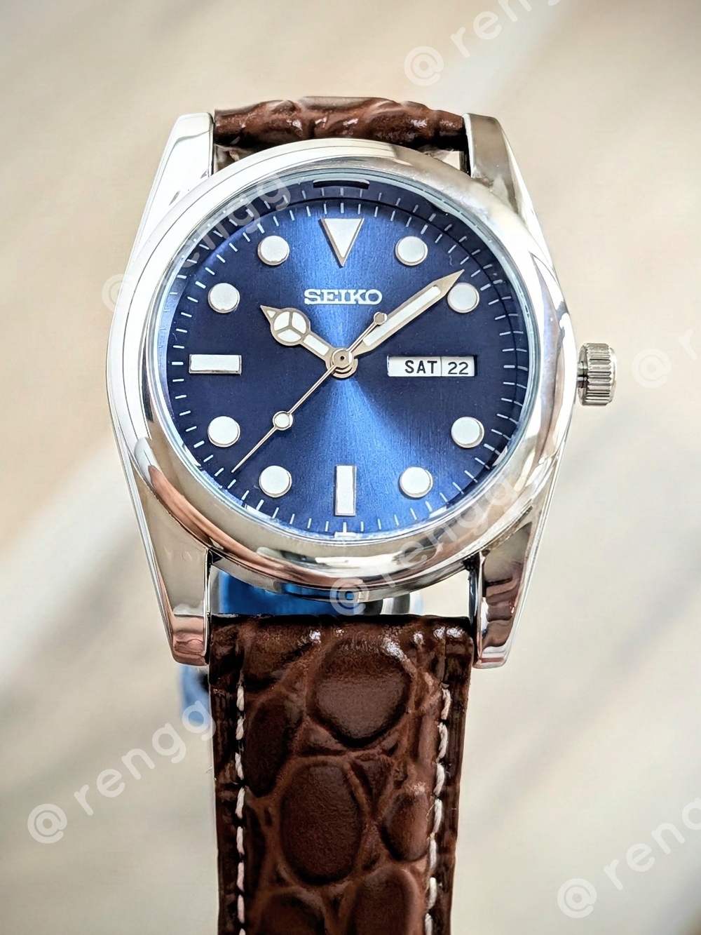 37mm Seiko Blue Dial Brown Leather Strap Mens Mod Dress Watch